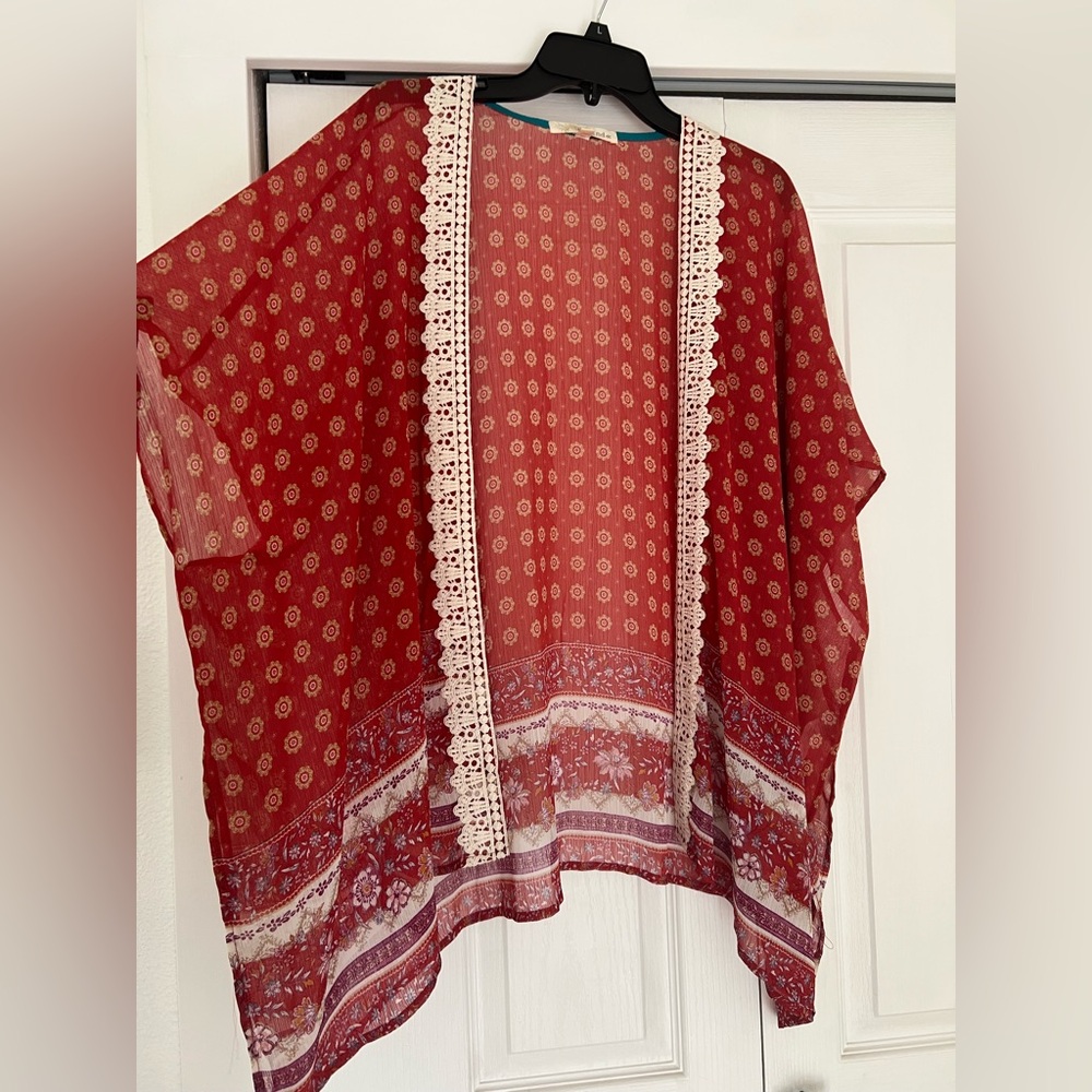 Red Sheer Kimono with crochet Lace Trim